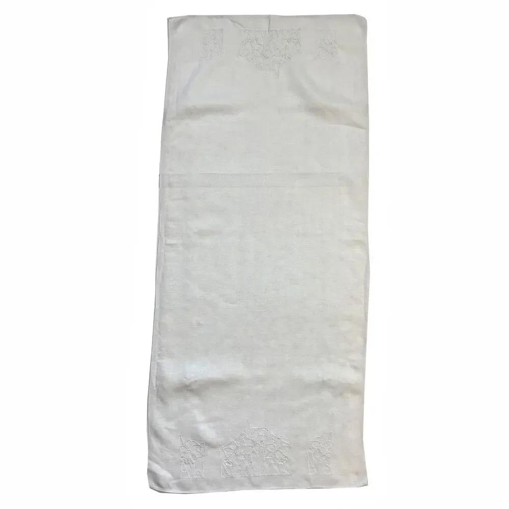 Vintage Cottagecore Linen Embroidered Dresser Scarf Shabby Decor Retro 1950s